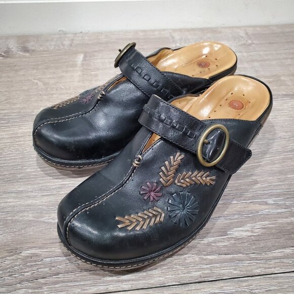 Clarks Structured Leather Mule Clogs Black Floral Embroidery Bohemian Retro 6.5 - Picture 16 of 16